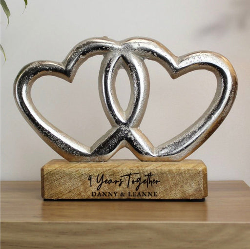 Personalised 9th Anniversary Double Heart Wooden Ornament Gift