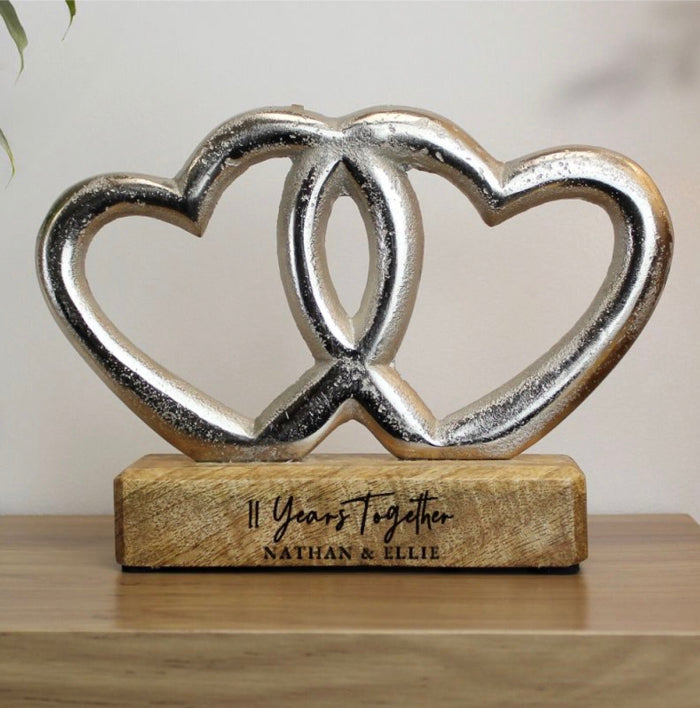 Personalised 11th Anniversary Double Heart Wooden Ornament Gift