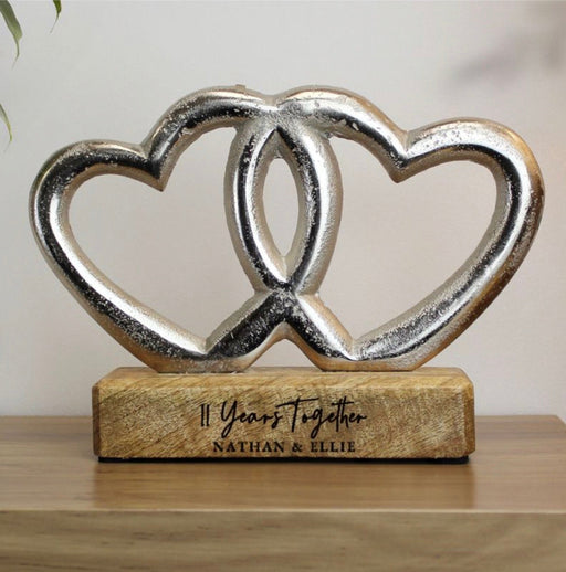 Personalised 11th Anniversary Double Heart Wooden Ornament Gift