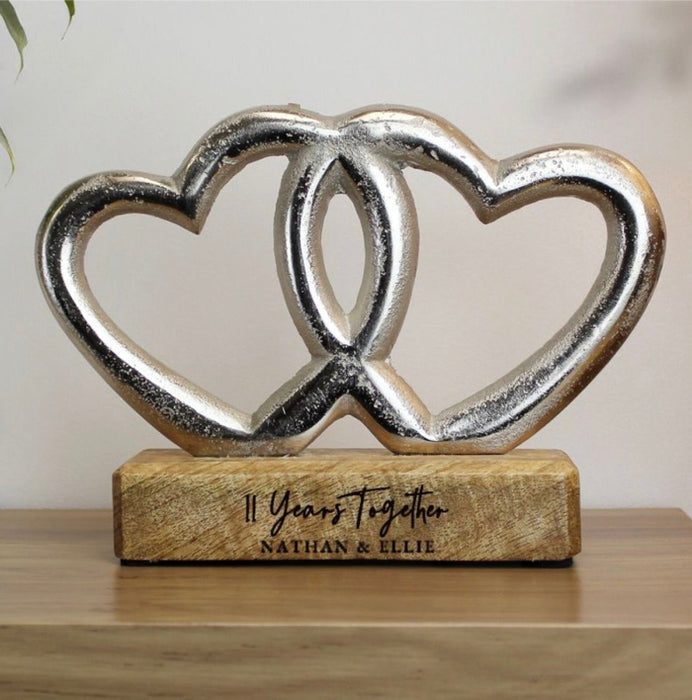 Personalised 11th Anniversary Double Heart Wooden Ornament Gift
