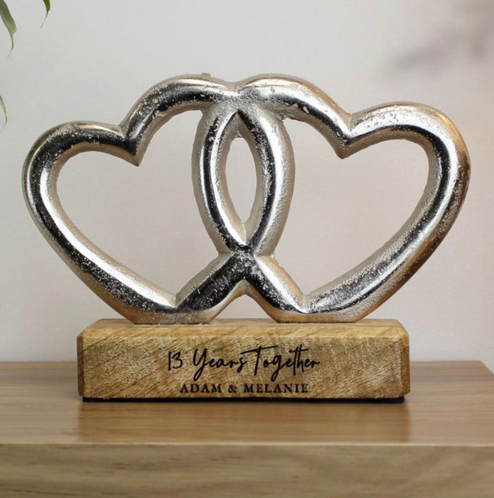 Personalised 13th Anniversary Double Heart Wooden Ornament Gift