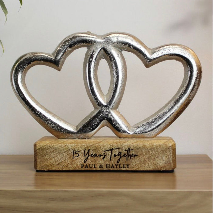 Personalised 15th Anniversary Double Heart Wooden Ornament Gift