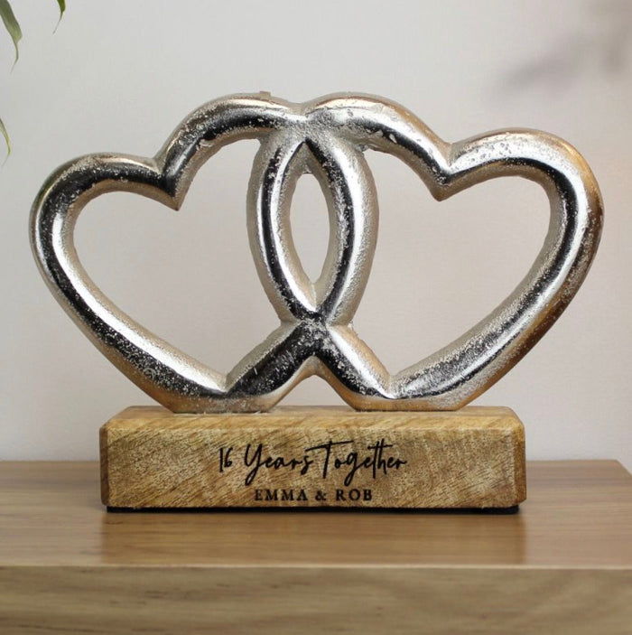 Personalised 16th Anniversary Double Heart Wooden Ornament Gift