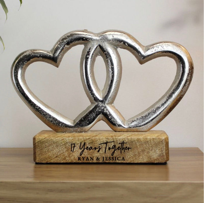 Personalised 17th Anniversary Double Heart Wooden Ornament Gift