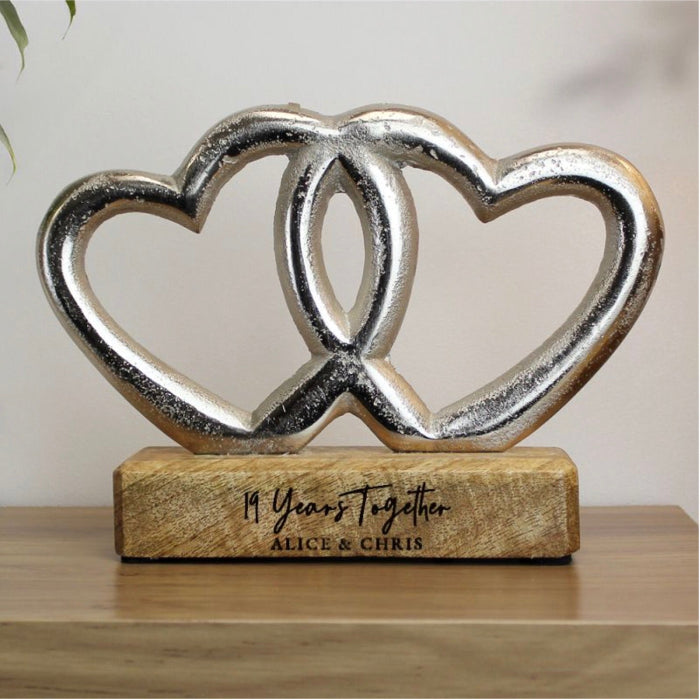 Personalised 19th Anniversary Double Heart Wooden Ornament Gift