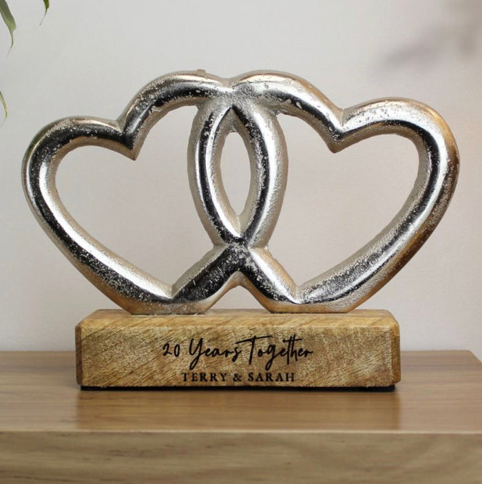 Personalised 20th Anniversary Double Heart Wooden Ornament Gift