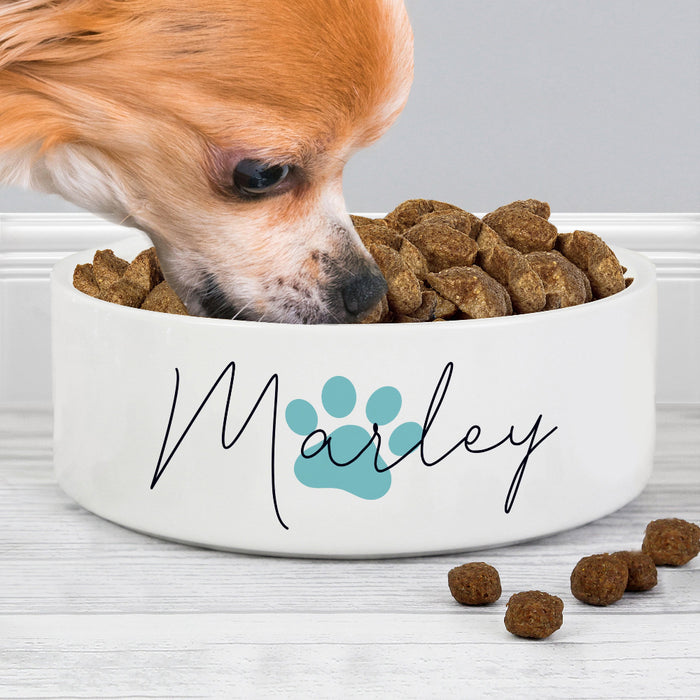 Personalised Blue Paw Print Name Medium Dog Bowl - 15cm
