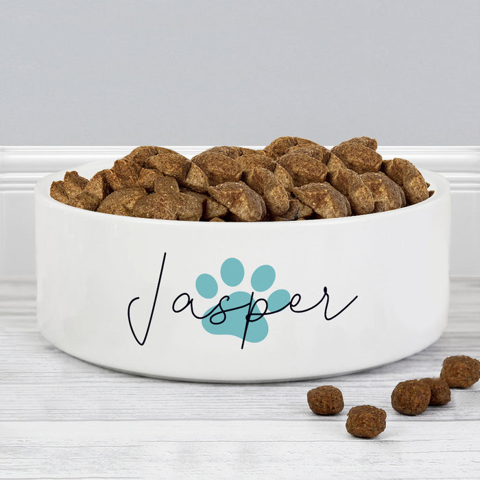 Personalised Blue Paw Print Name Medium Dog Bowl - 15cm
