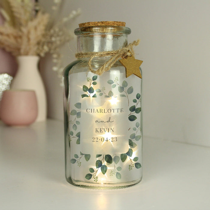 Personalised Botanical Wedding LED Light Glass Jar