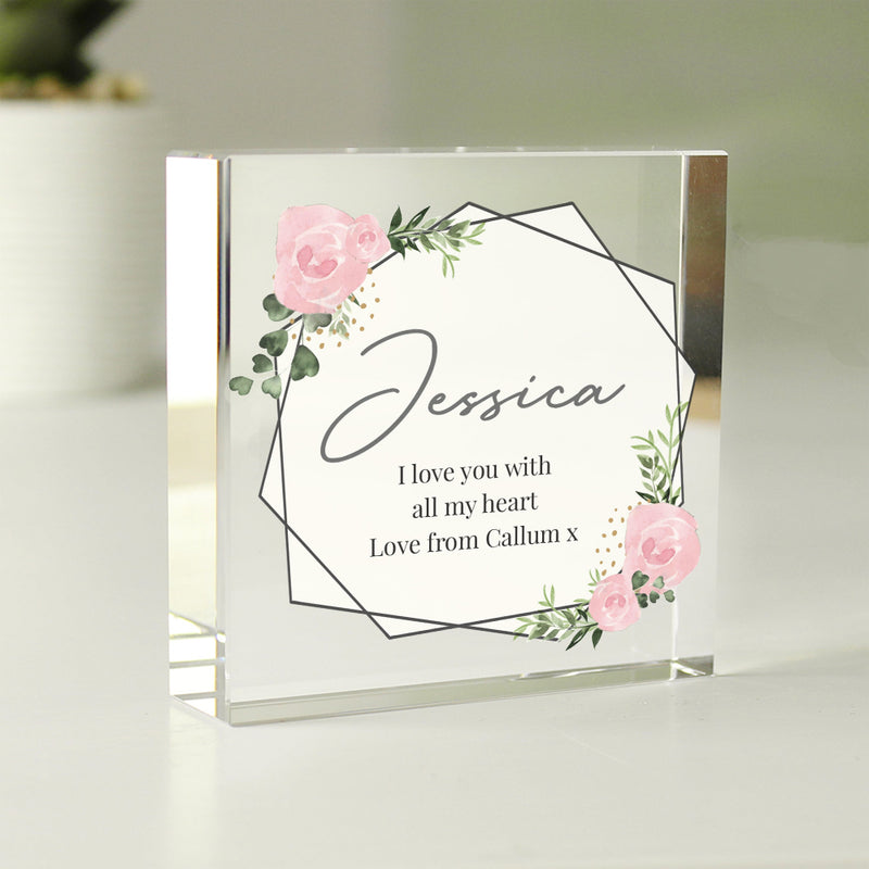 Personalised Abstract Rose Crystal Glass Block