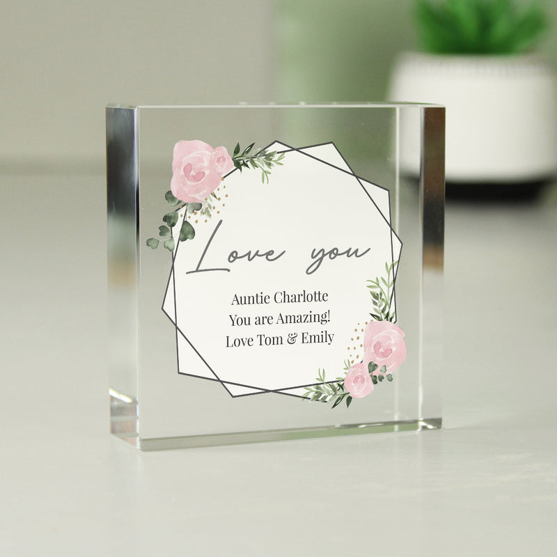 Personalised Abstract Rose Crystal Glass Block
