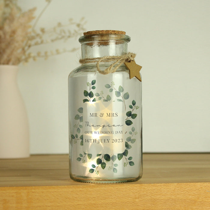 Personalised Botanical Wedding LED Light Glass Jar