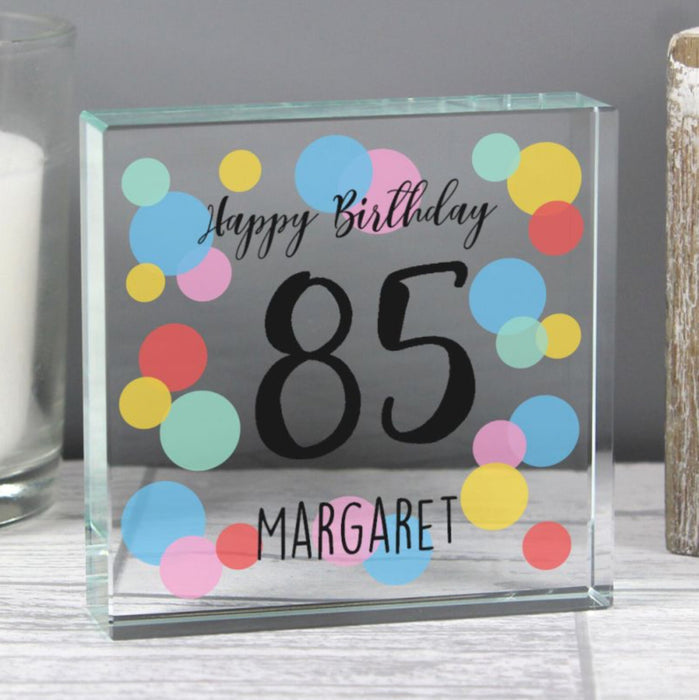 Personalised 85th Birthday Confetti Crystal Glass Block