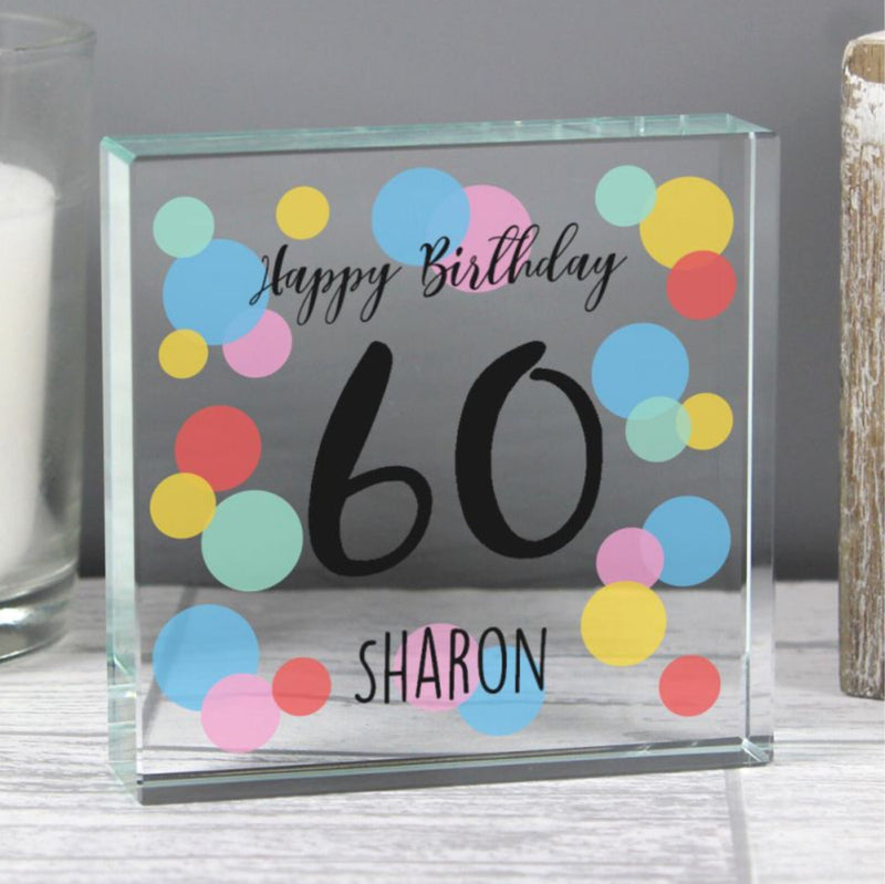 Personalised 60th Birthday Confetti Crystal Glass Block