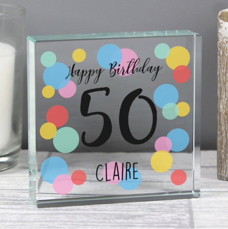 Personalised 50th Birthday Confetti Crystal Glass Block