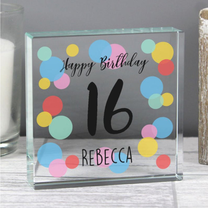 Personalised 16th Birthday Confetti Crystal Glass Block