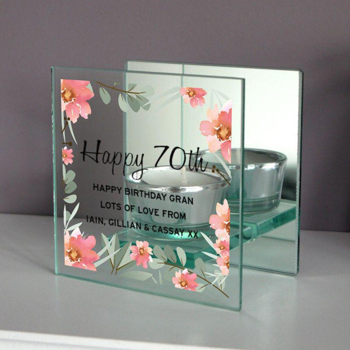 Personalised Floral 70th Birthday Mirrored Glass Tea Light Holder