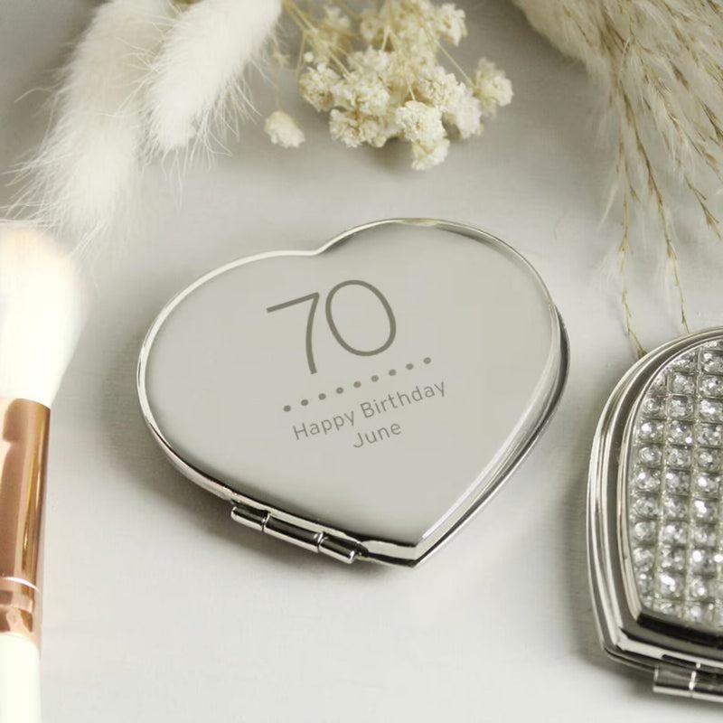 Personalised 70th Birthday Diamante Heart Compact Mirror