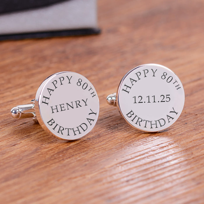 Engraved Happy 80th Birthday Cufflinks - Silver Finish