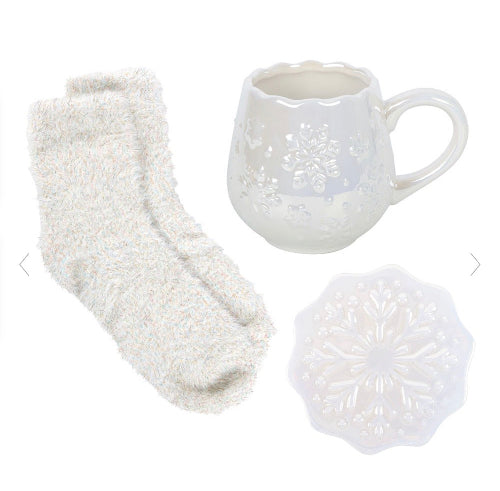 Iridescent Snowflake Mug, Coaster and Socks Christmas Gift Set