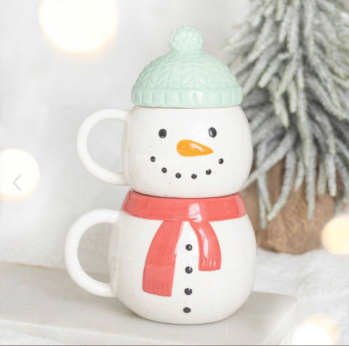 Set of 2 Christmas Winter Snowman Stacking Mugs