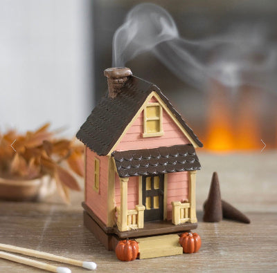 Autumn Pink House Incense Cone Burner with Pumpkins