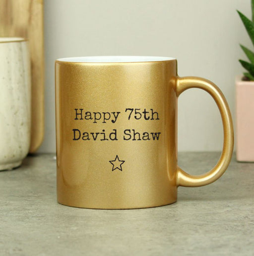 Personalised Happy 75th Birthday Gold Star Mug