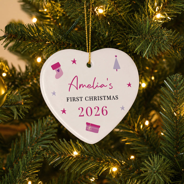 Personalised Baby’s First Christmas Heart Ceramic Decoration - Pink