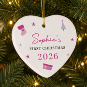 Personalised Baby’s First Christmas Heart Ceramic Decoration - Pink