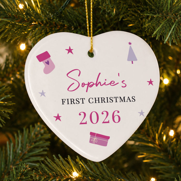 Personalised Baby’s First Christmas Heart Ceramic Decoration - Pink
