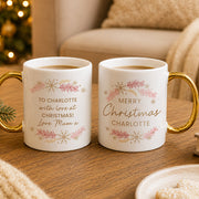 Personalised Pink & Gold Wreath Merry Christmas Mug - Gold Handled