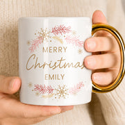 Personalised Pink & Gold Wreath Merry Christmas Mug - Gold Handled