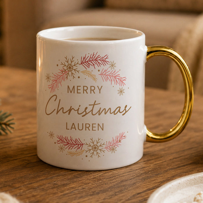 Personalised Pink & Gold Wreath Merry Christmas Mug - Gold Handled