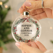 Personalised Green Christmas Wreath Glass Bauble - Any Message
