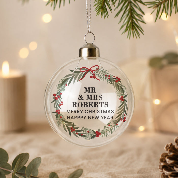 Personalised Green Christmas Wreath Glass Bauble - Any Message