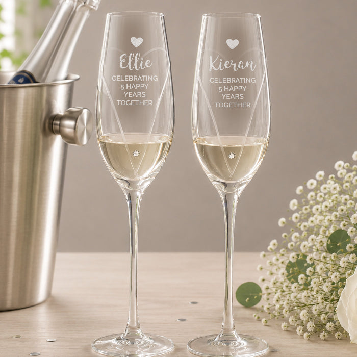 Personalised Anniversary Champagne Glass Flutes with Crystal Elements