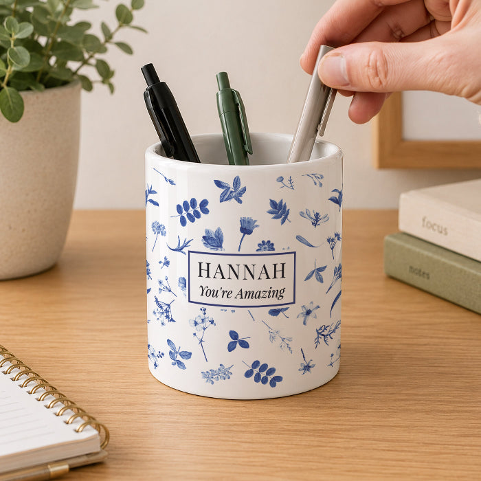 Personalised Blue Floral Storage Pot - Any Message