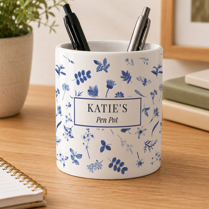 Personalised Blue Floral Storage Pot - Any Message
