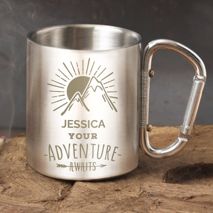 Personalised Adventure Awaits Carabiner Mug