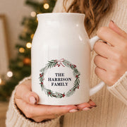 Personalised Green Christmas Wreath Ceramic Jug Vase - Any Message