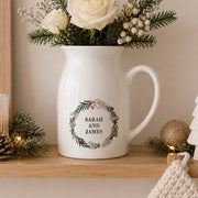 Personalised Green Christmas Wreath Ceramic Jug Vase - Any Message