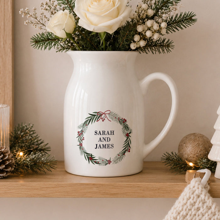 Personalised Green Christmas Wreath Ceramic Jug Vase - Any Message