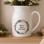 Personalised Green Christmas Wreath Ceramic Jug Vase - Any Message