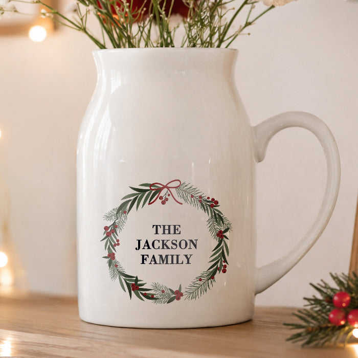 Personalised Green Christmas Wreath Ceramic Jug Vase - Any Message