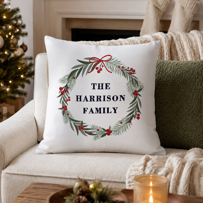 Personalised Green Christmas Wreath Cushion - Any Message