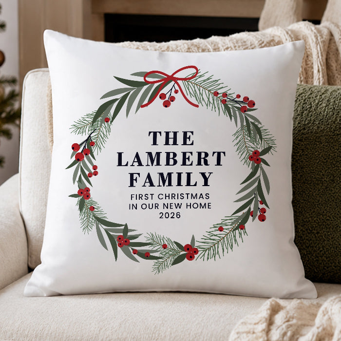 Personalised Green Christmas Wreath Cushion - Any Message