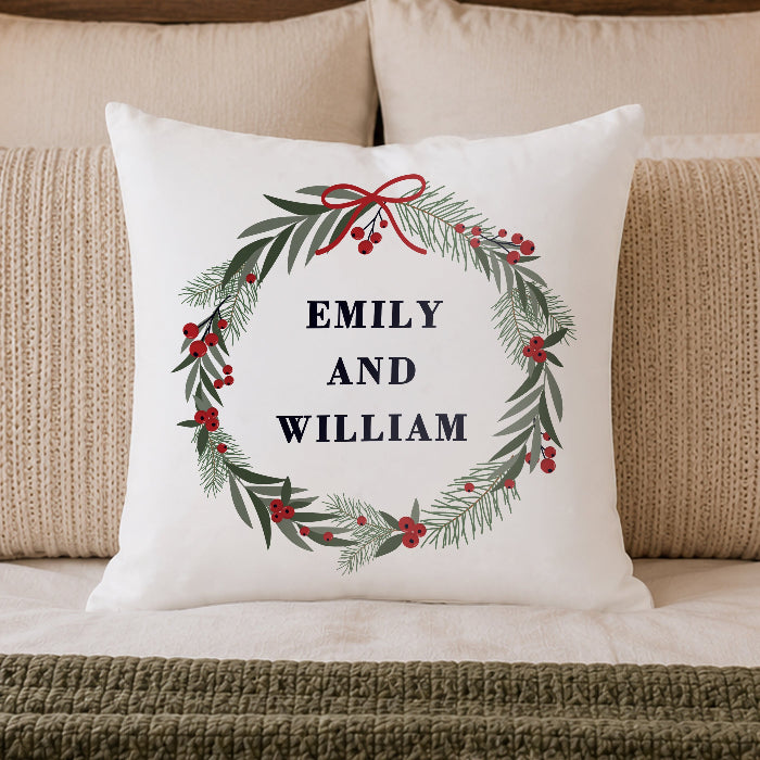 Personalised Green Christmas Wreath Cushion - Any Message
