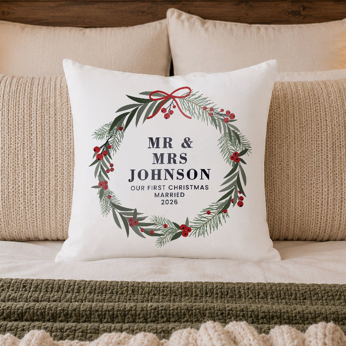 Personalised Green Christmas Wreath Cushion - Any Message