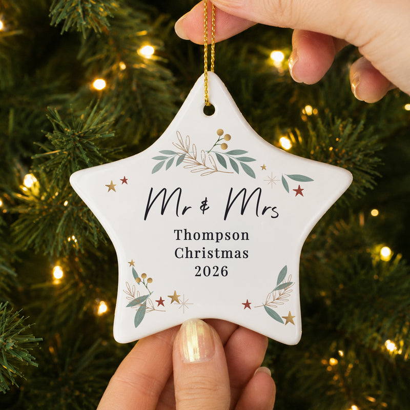 Personalised Christmas Botanical Ceramic Star Decoration - Any Message
