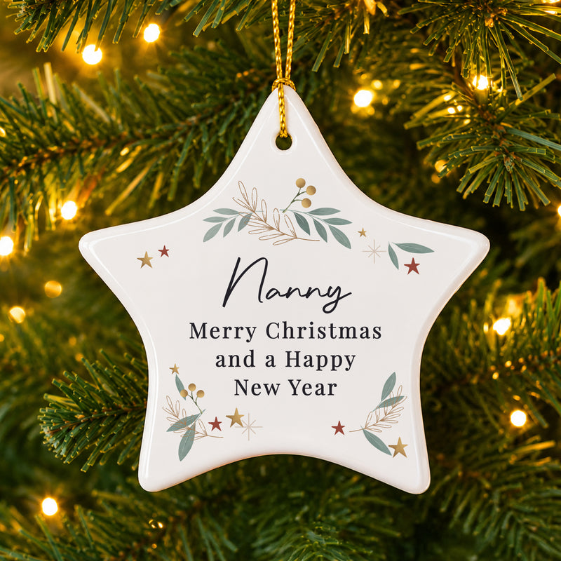 Personalised Christmas Botanical Ceramic Star Decoration - Any Message